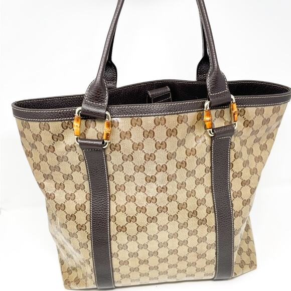 Gucci GG Supreme Monogram Crystal Bamboo Tote Bag Brown Leather - Picture 5 of 13
